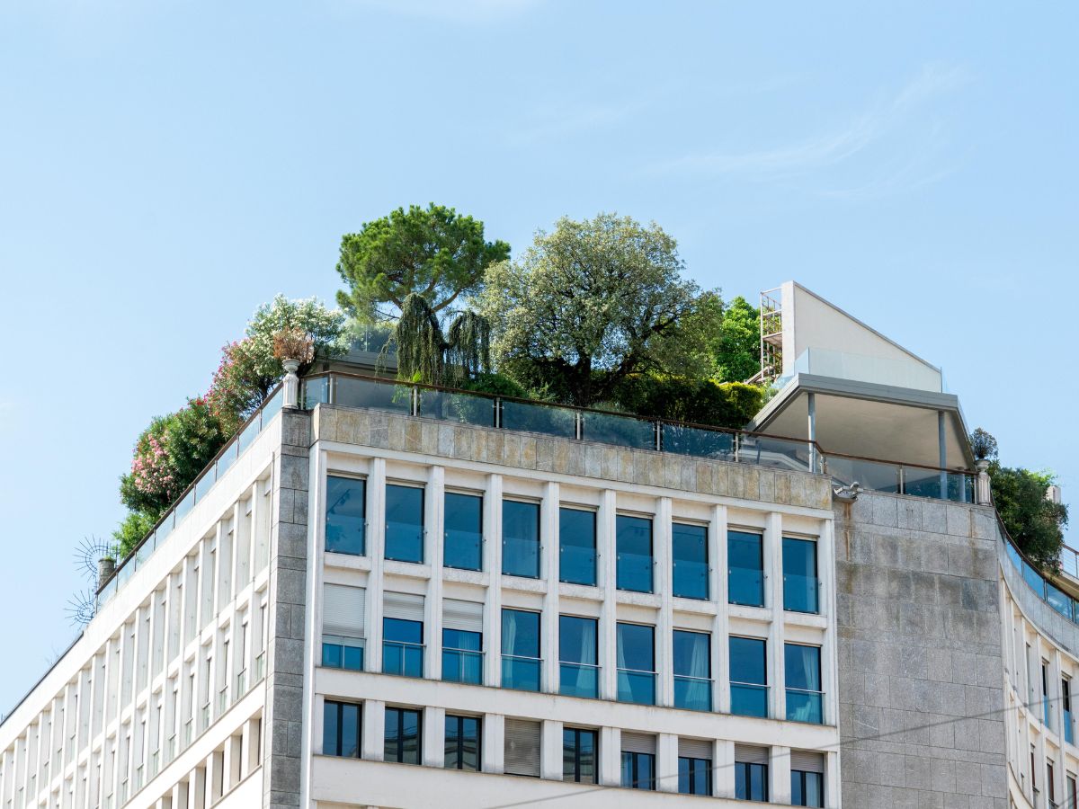 Modern duurzaam gebouw met groendak passend bij EPBD IV en energielabels